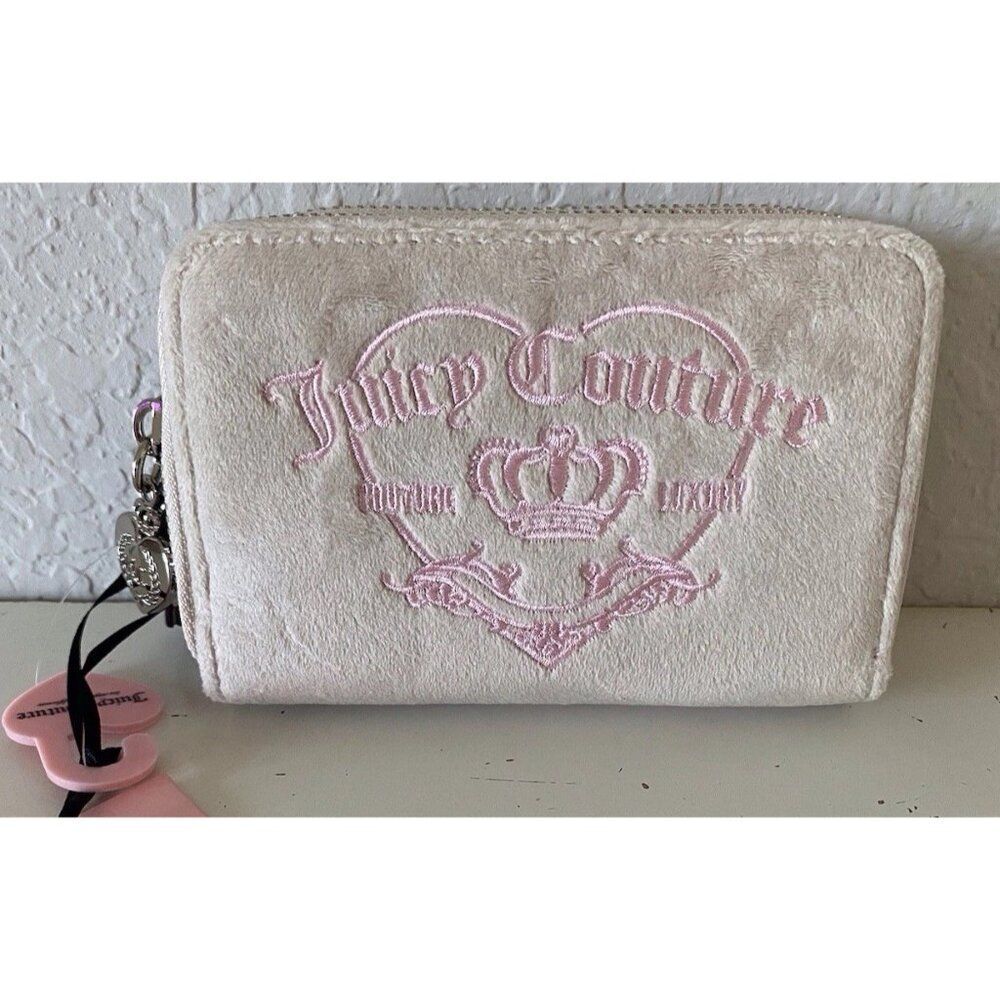 JUICY COUTURE GIRLIE ROYALTY Double Sided Trifold Wallet Sandstone And Pink‎ NEW